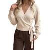 2026 Autumn/Winter New Style Unstructured Short Sleeve V-Neck Crochet Blouse with Belt for Waist Compression and Long Sleeves