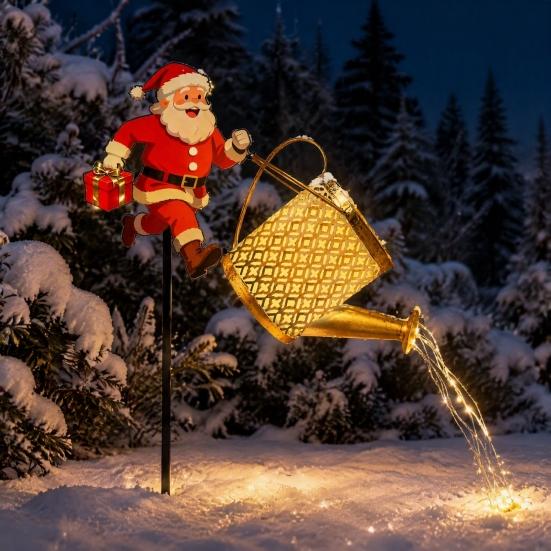 Portable Waterproof Garden Ornament Solar Powered Lights, Santa Watering Can Stake Light Weatherproof Lawn Lamps for Outdoor Patio Pathway Yard,
