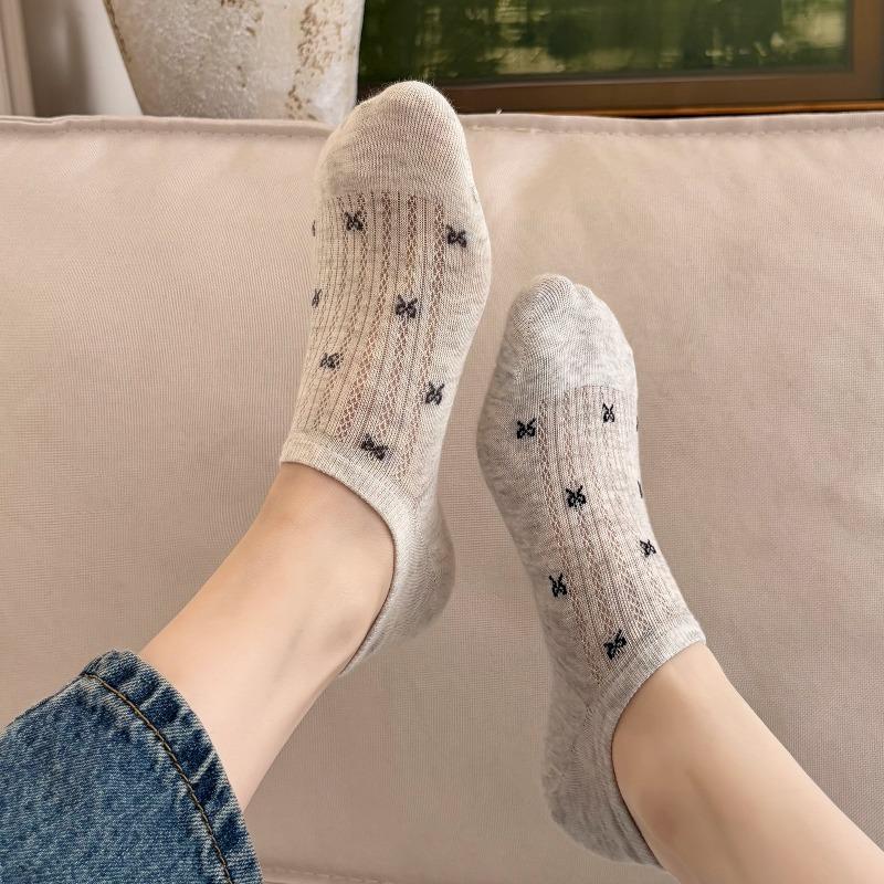 5 Pairs of  Women's Summer Thin Bow Mesh with A Shallow Mouth and Invisible Breathable Boat Socks