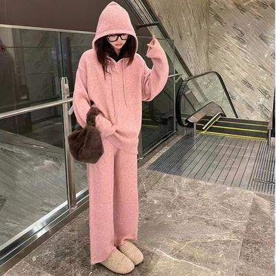 DIMANAF 2024 Women Autumn Sweater Two Piece Knit Set Suit Hooded Pullover Elegant Shirts Wide Leg Pants Loose Pants Summer