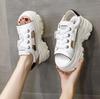 8cm Genuine Leathe Slippers Lace Up Hollow Multicolor Peep Toe Sandals Platform Wedge Ladies Women Summer White Slides Shoes