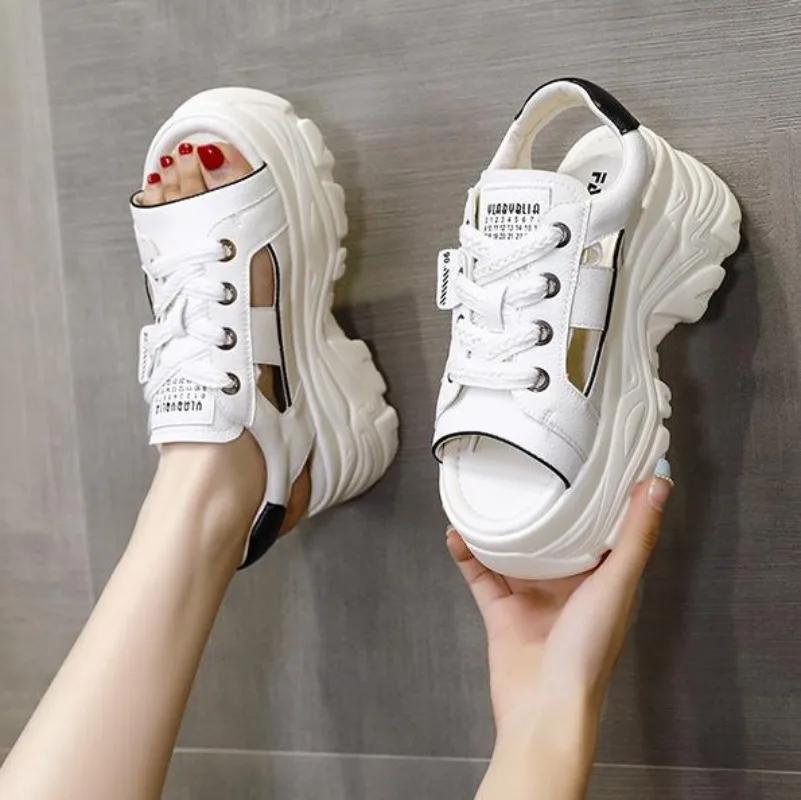 8cm Genuine Leathe Slippers Lace Up Hollow Multicolor Peep Toe Sandals Platform Wedge Ladies Women Summer White Slides Shoes