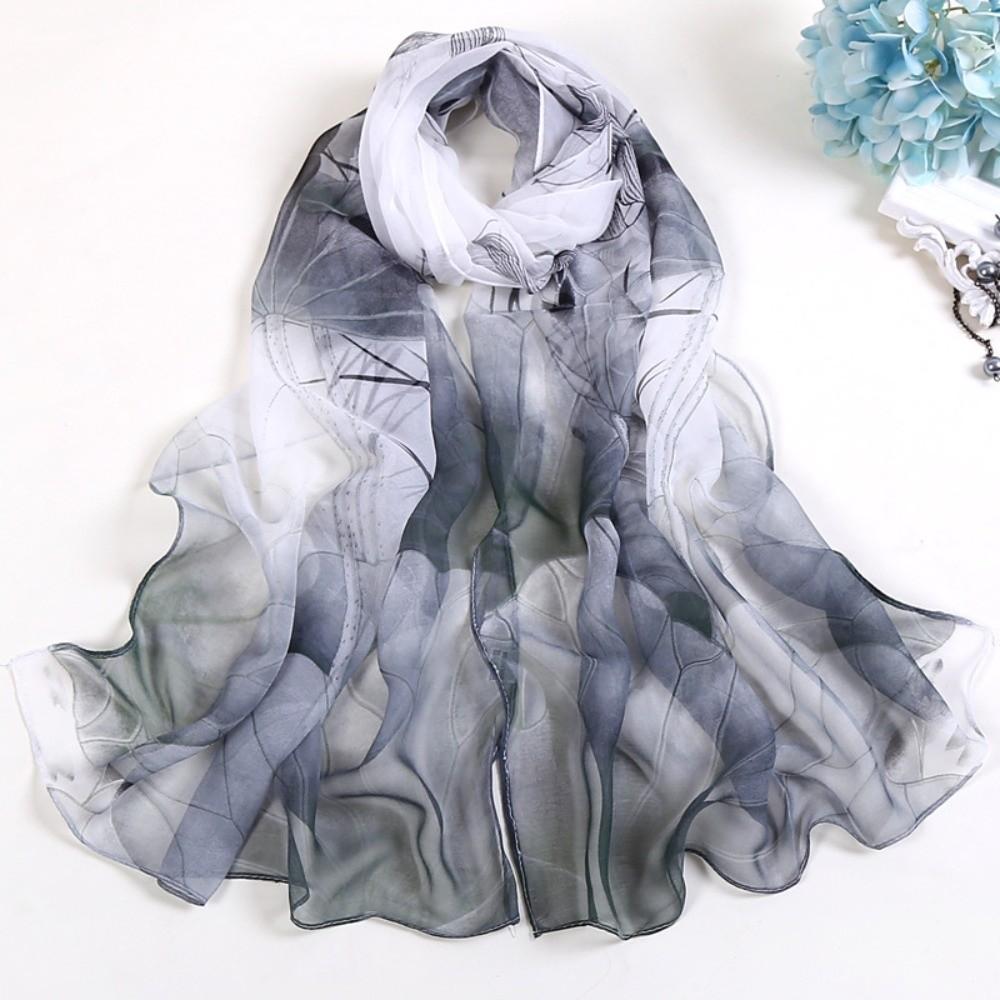 

Lightweight Floral Printing Scarf Lotus Print Long Chiffon Scarf Beach Silk Shawl Daily Wear черный белый