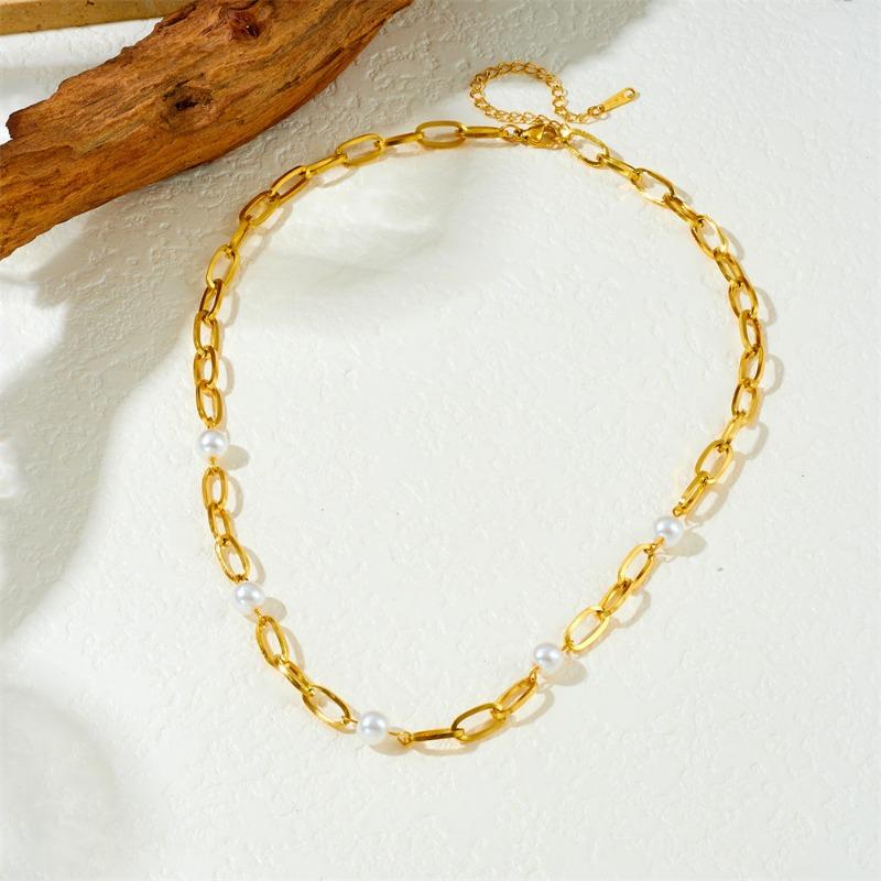 

Gold Plated Paperclip Chain Necklace with Freshwater Pearls, Dainty Pearl Choker for Women, Minimalist Everyday Jewelry Gift золотой