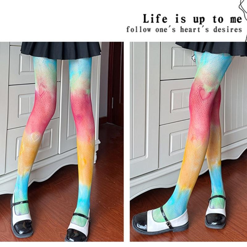Sexy Regenbogen-Farbverlauf Bunt Fischernetz Strumpfhose für Damen Süßigkeiten-Farbe Hohl Spitze Jacquard Strumpfhose JK Strümpfe Leggings