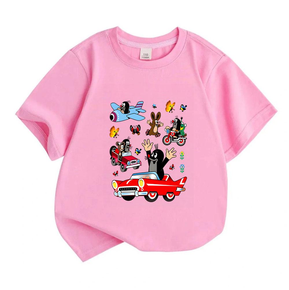 Cute Mole Friends Cartoon Print Kids T Shirt, Boys Girls 100% Cotton Short Sleeve Crew Neck Tees, Fun Animal Driving Vehicle Pattern Casual Summer Top