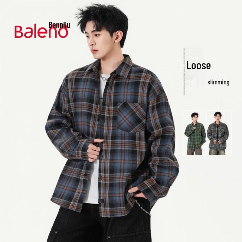 Baleno Men s Plaid Relaxed Fit Long Sleeve Lapel Shirt XL