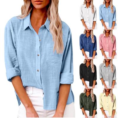 Women Elegant Casual Cotton and Linen Long Sleeve Shirts Solid Comfortable Simple Tops