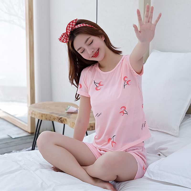 GMXIA Summer Pajama Women's Round-neck Thin Short-sleeved and Short Pants Cartoon Cute Girls' Youthful Home Wear Set