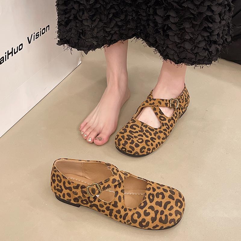 New Women Leopard Red Black Burgundy Velvet Round Toe Cross Strap Buckle Low Top Slip On Flat Mary Jeans Loafers Ballet Shoes