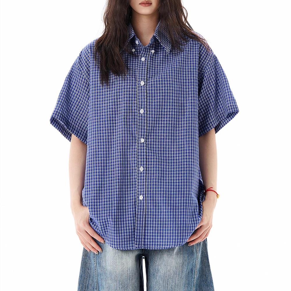 

Unisex Retro Blue Plaid Short Sleeve Shirt - High-End Casual Loose Fit XXXL