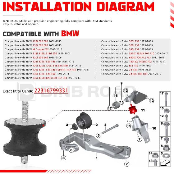 

2Pcs Rear Transmission Mount 22316799331 Compatible with BMW 128i 325i 328i 330i 335i 525i 528i 530i Z3 Z4