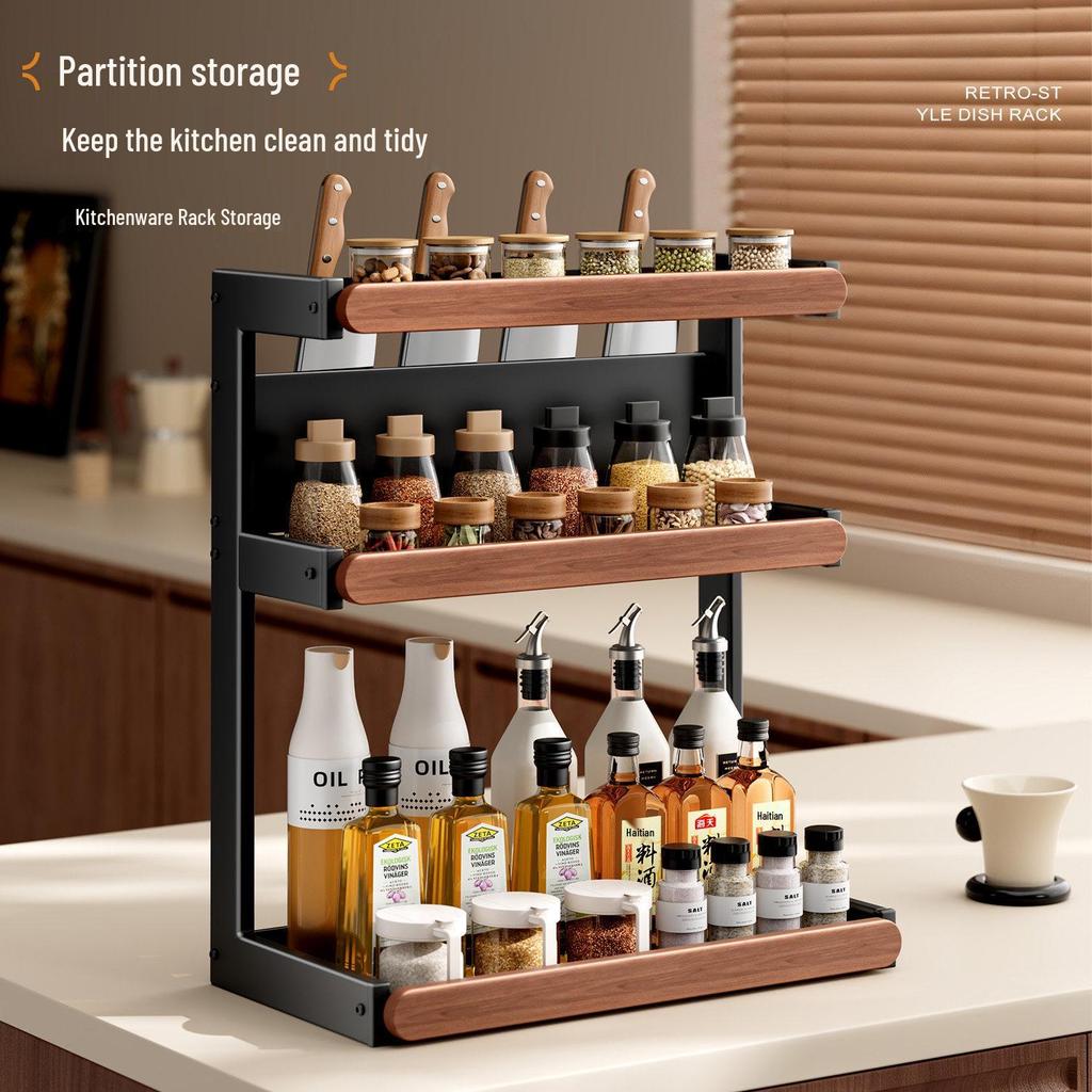 Retro Solid Wood Multi-Functional Kitchen Rack: Seasoning Storage, Jar and Bottle Holder, Knife Organizer.