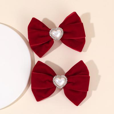 2Pcs Red Velvet Bow Hair Clips For Girls Minimalist Retro Heart Rhinestones Hairpins Children Daily Headwear Hair Accessories