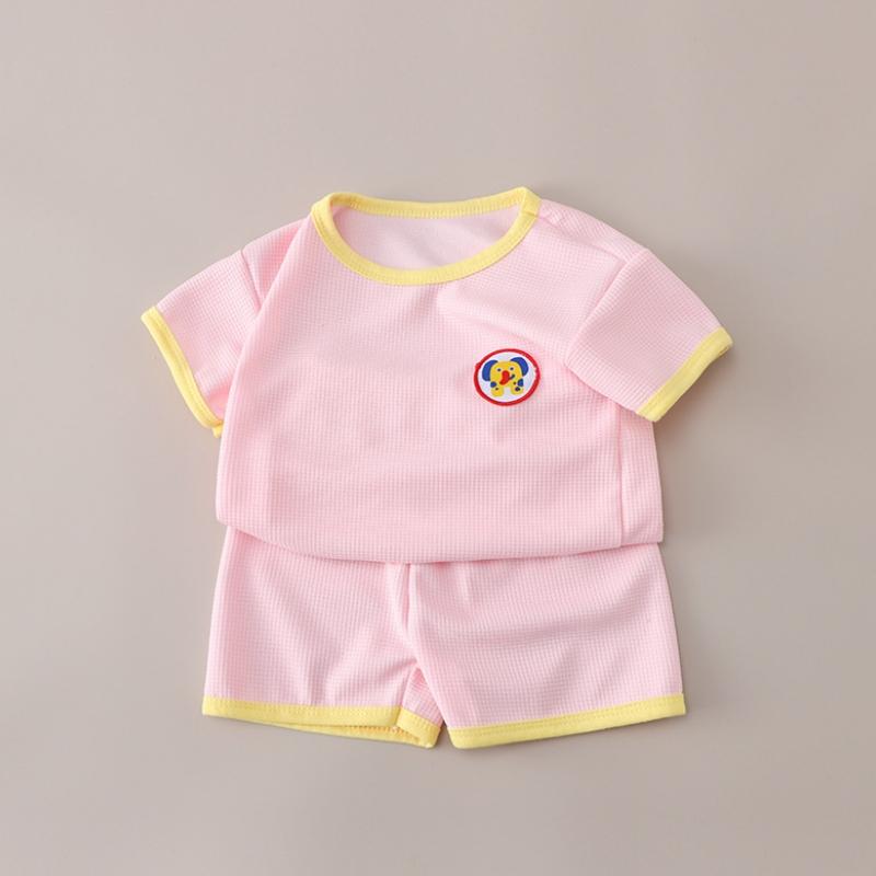 2Pcs/Set Boys Summer Loose T-shirt Set Kids Tracksuit Cartoon Waffle Girls Shorts Clothes Outfits for Childrens Sport Wear 80 розовый