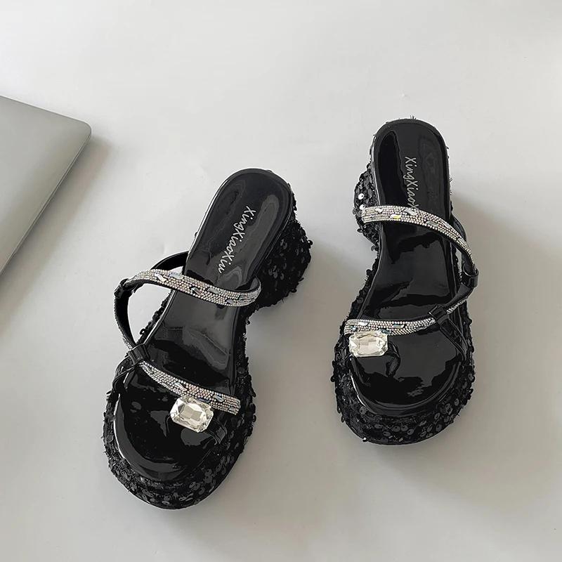 Summer Platform Thick Bottom Women Slippers Elegant Crystal Narrow Band Shoes Ladies Concise Wedges Heel Slides
