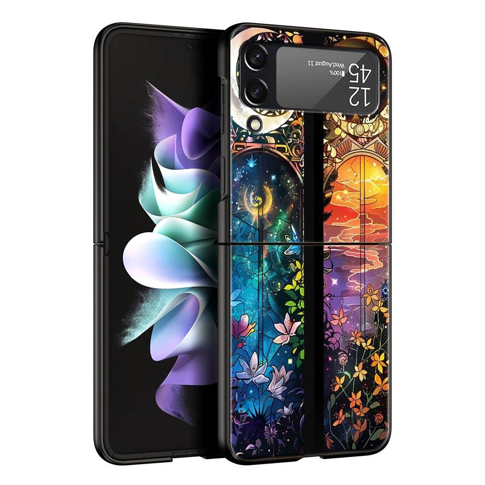 Beautiful Sun Moon Glass Hard PC Phone Case For Samsung Galaxy Z Flip 7 6 5 4 Black Cover For Galaxy Z Flip 3 Foldable Shell Bag