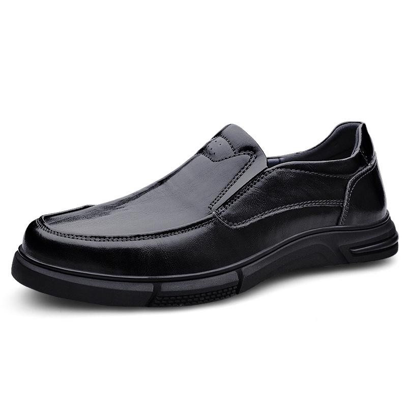 Men's Genuine Leather Cowhide Slip-On Business Casual Shoes - Non-Slip, Breathable, Soft Sole for Middle-Aged and Elderly.