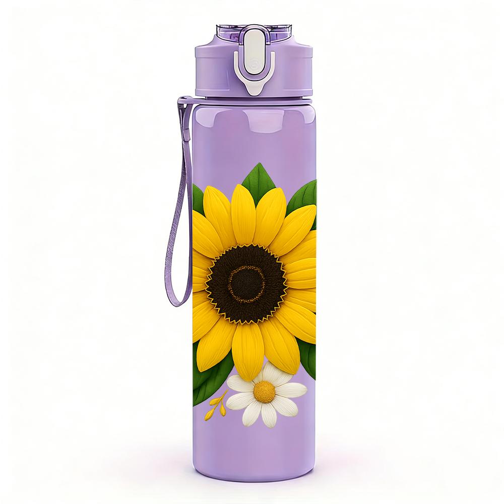 1PC Bright Sunflower Bloom 750ml Color Plastic Sports Water Bottle Leakproof Flip Straw Lid For Sports Office Home Use