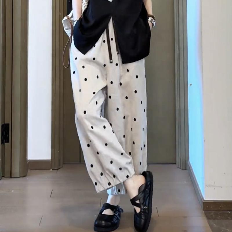 Plus Size Women's Summer Thin Loose Lantern Pants - High-Waist Slimming Polka Dot Casual Trousers with Cuffed Anti-Wrinkle Design