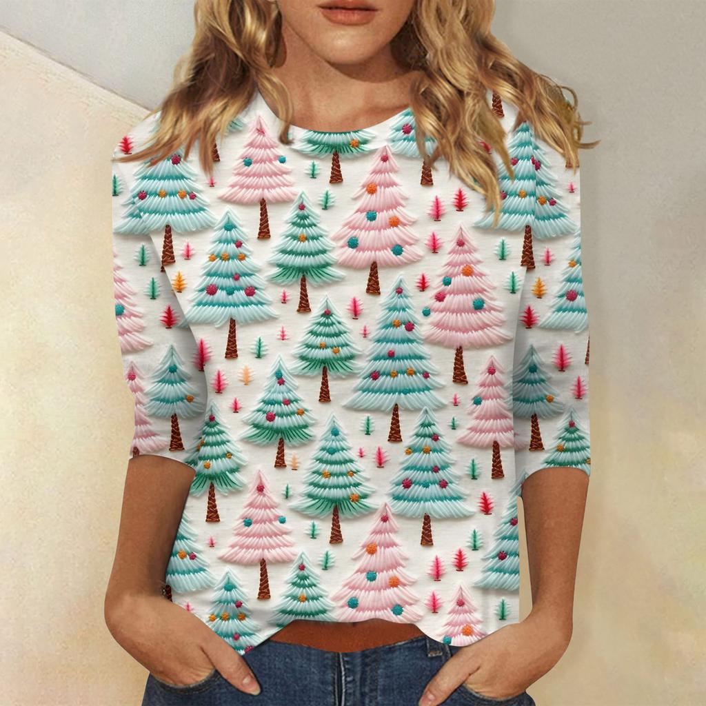 Women's Fashionable Casual Three-Quarter Sleeve Christmas Print Round Neck Top