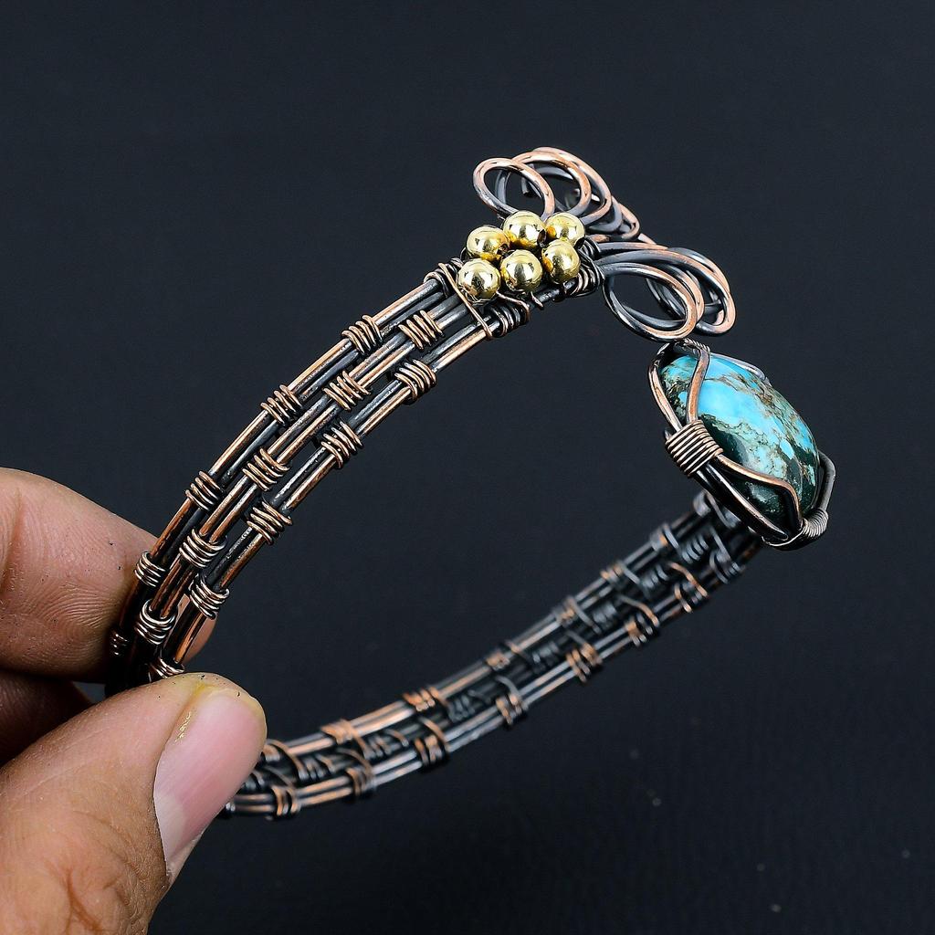 Tibetan Turquoise Bangle, 999 Copper Wire Wrapped Gemstone Jewelry, Handmade Bangle For Mother Day
