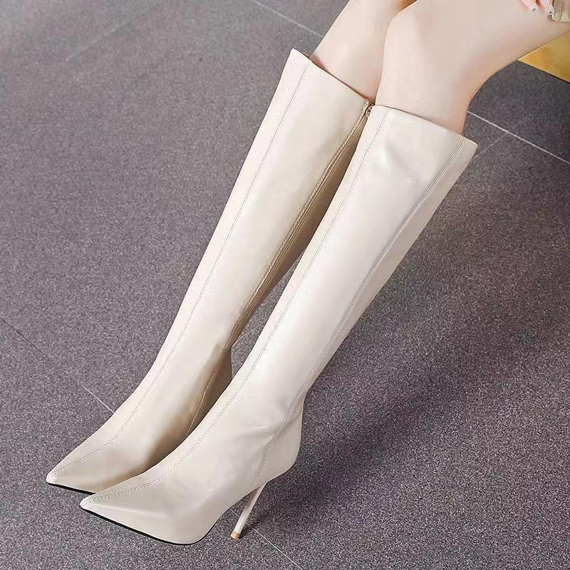 White Women's High Cylinder Boots Pointed Toe Thin Heels Side Zipper Knee High Boots Winter Soft Sole Not Tiring Feet Women Shoe