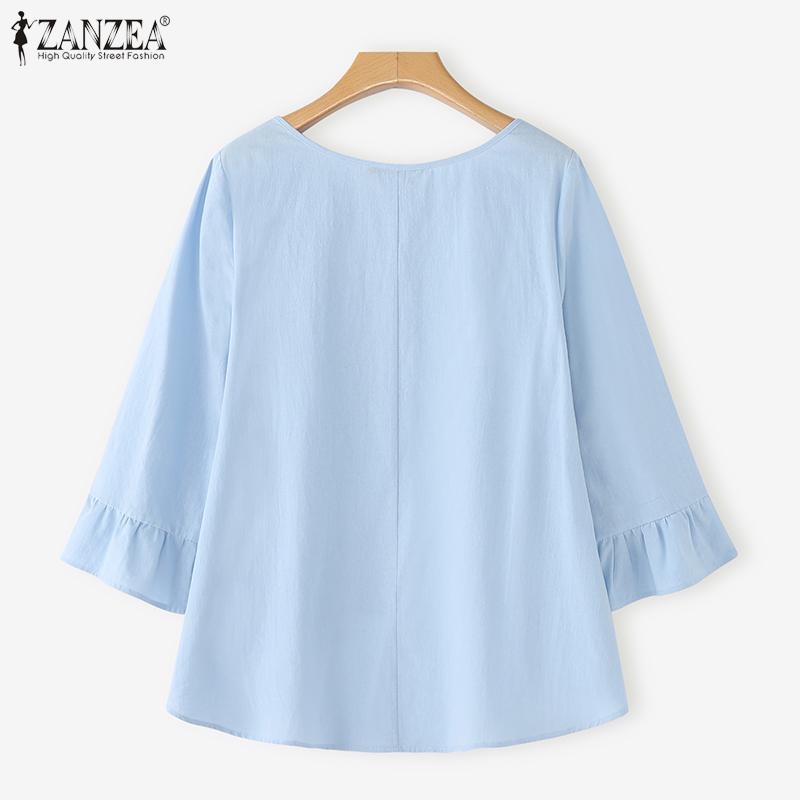 ZANZEA Women Casual Round Neck Loose 3/4 Sleeve Cotton Blouse