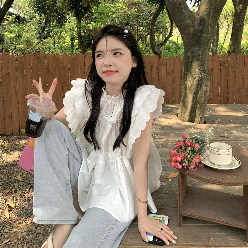 

Белая рубашка с оборками и женским летним плиссированным дизайном, свободный топ с рукавами-крылышками XL белый