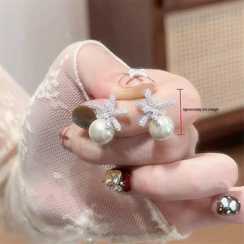 Exquisite French Zircon Pearl Stud Earrings: Silver Firework Design - Versatile Fashion Accessory