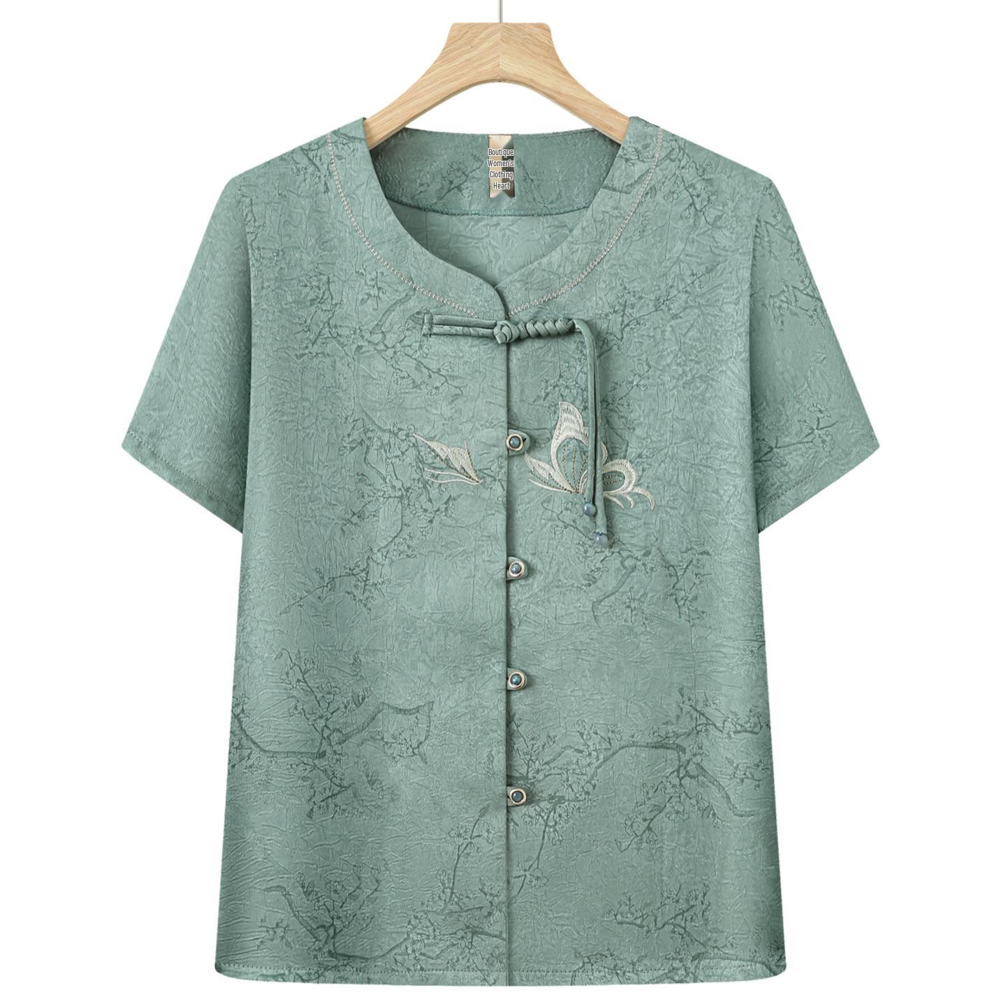 Summer Short-Sleeved Set for Women in Their 60s & 70s - Grandma, Mom Style Two-Piece Outfit 3XL (Recommended 115-130 lbs)