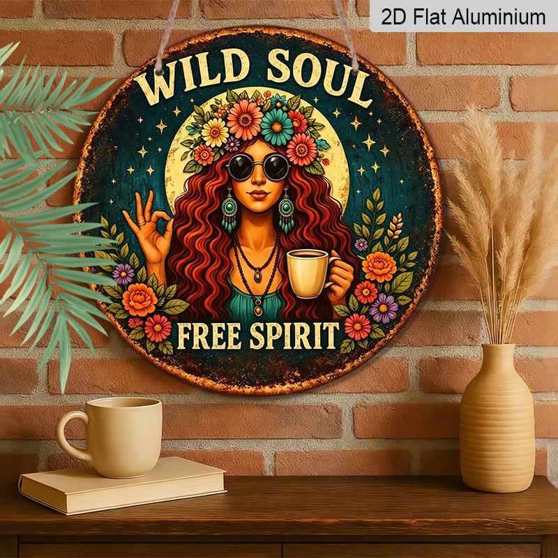 2D Flat, 1pc Round Aluminum "Wild Soul Free Spirit" Boho Woman Metal Sign, Retro Distressed Hippie Floral Print, Waterproof Rust-Proof Wall Plaque