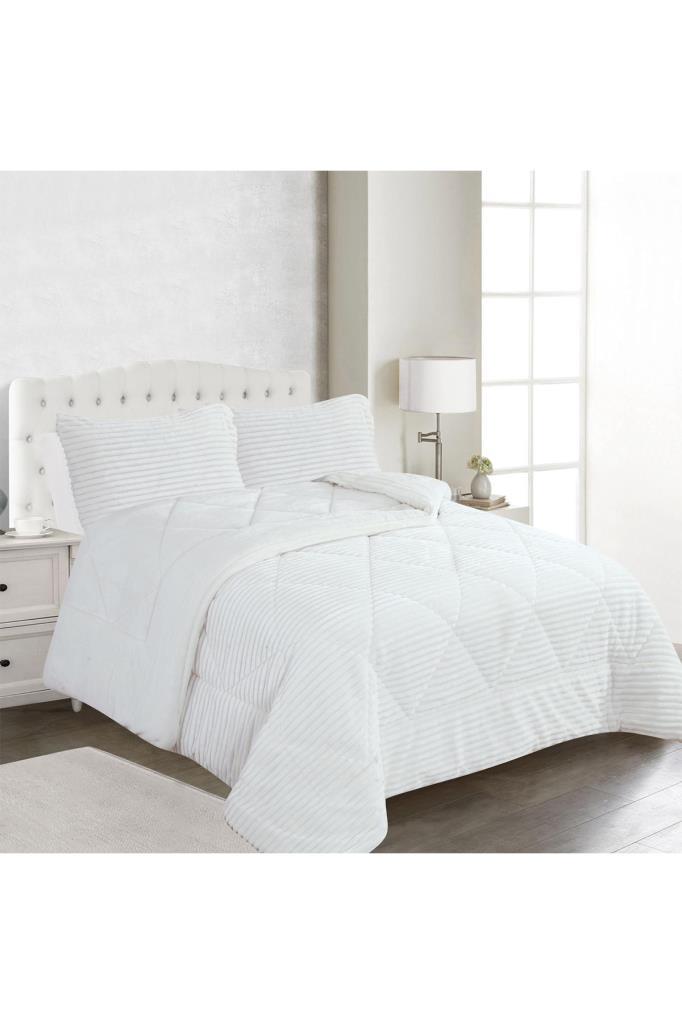 Ece Stripe King Bedspread Set, Coverlet 220x240 Cm with Pillowcase, Full Size, Full Bed, Double Size, Plush Fabric Cream
