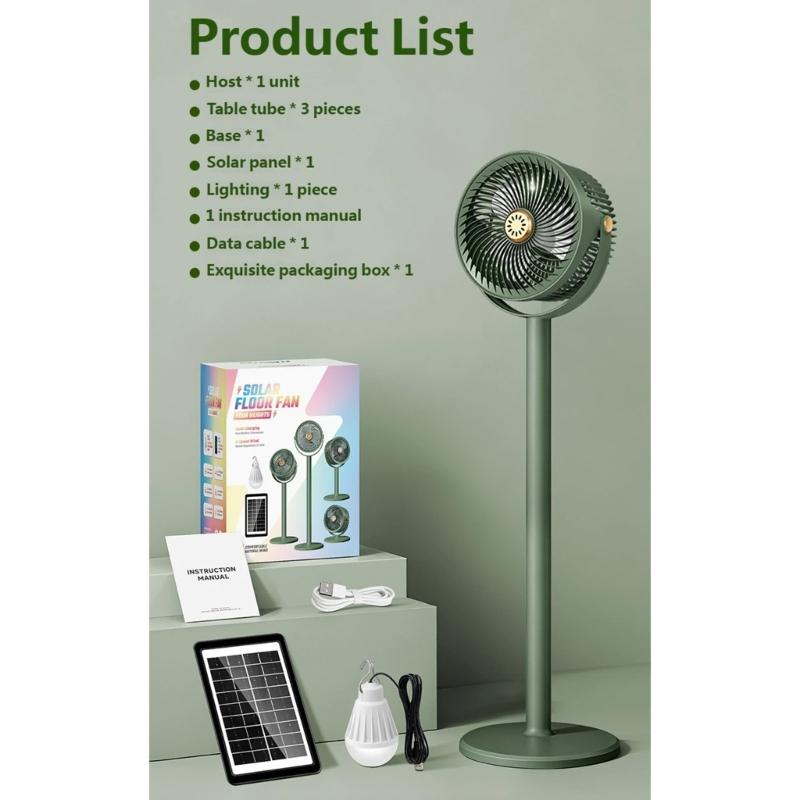 Wiederaufladbarer Solar-Bodenventilator mit flexibler Höhenverstellung Leiser Teleskop-Schreibtischventilator für Terrassen, Gärten und kleine Räume