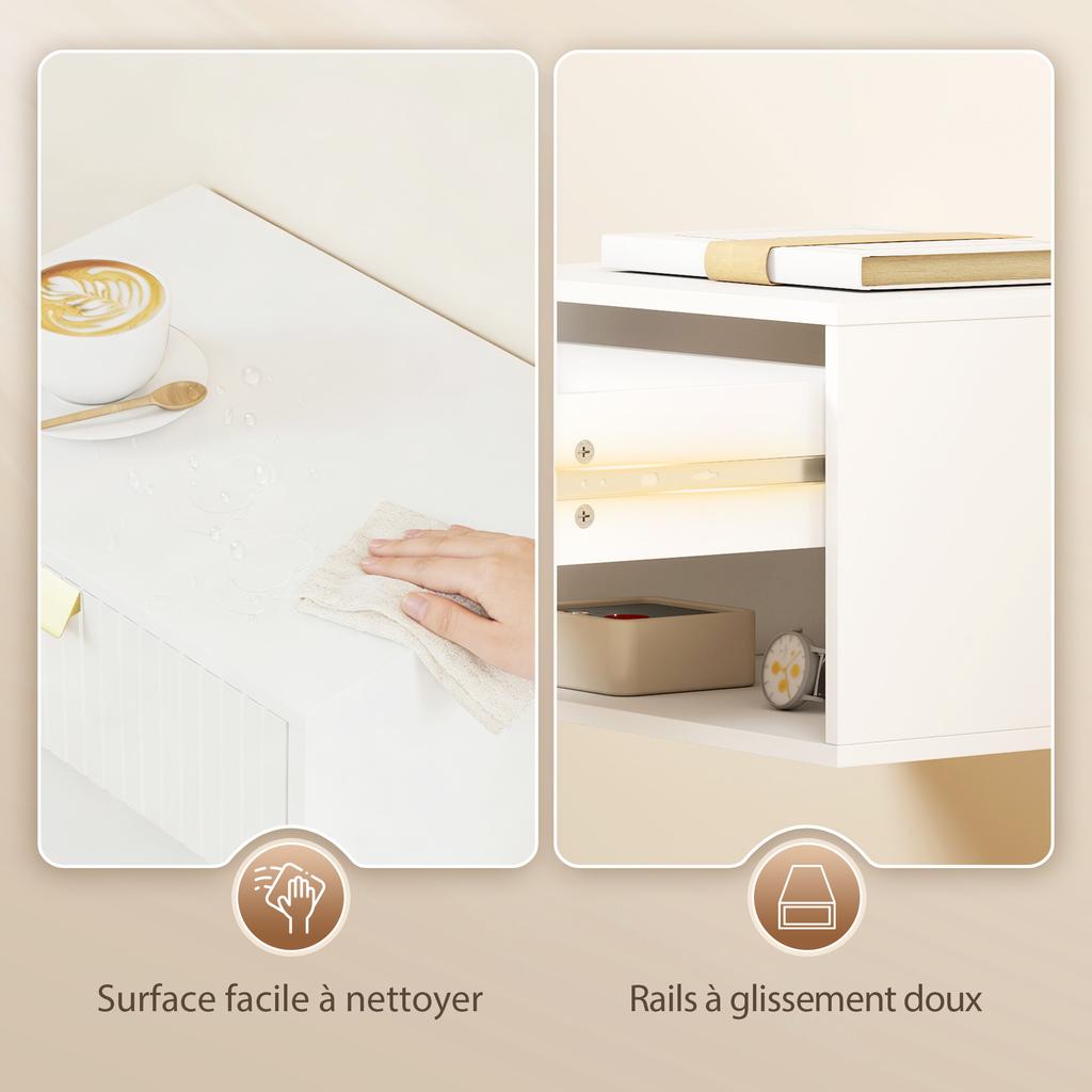 Set of 2 Wall-Mounted Nightstands, Grooved Drawer, Open Shelf, 40x30x25 cm, White