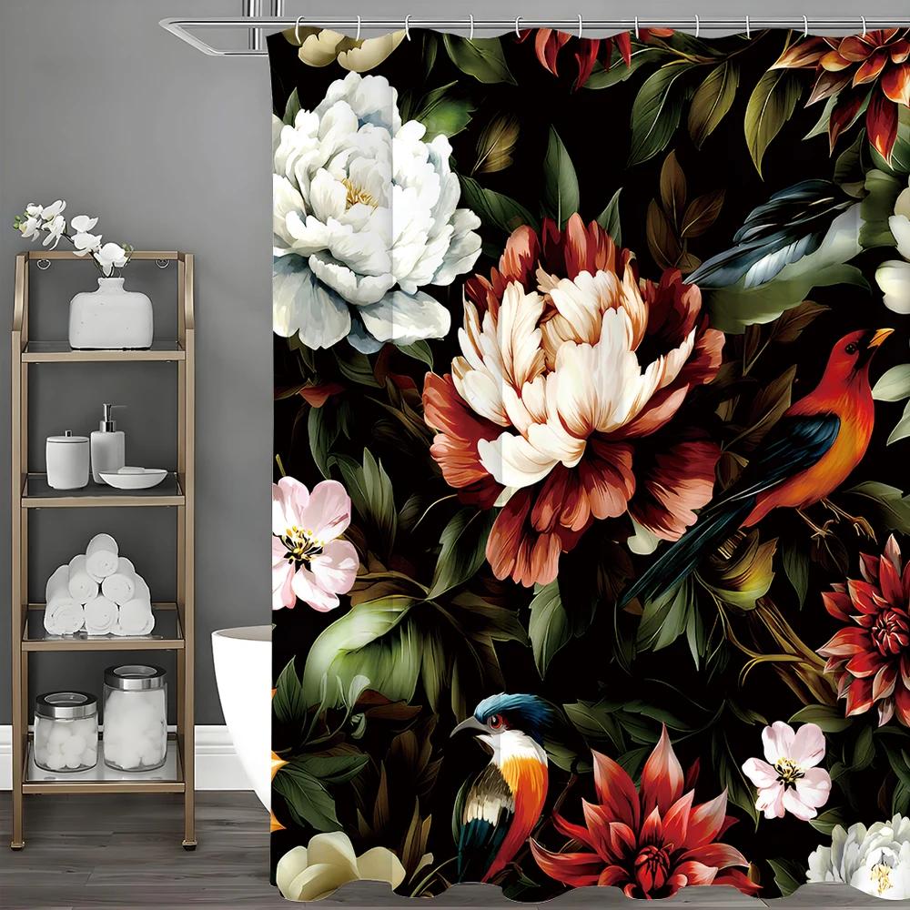 Peony Flower Green Leaf Bird Shower Curtain, Bathroom Decorative Shower Curtain, Waterproof Shower Curtain with Hooks