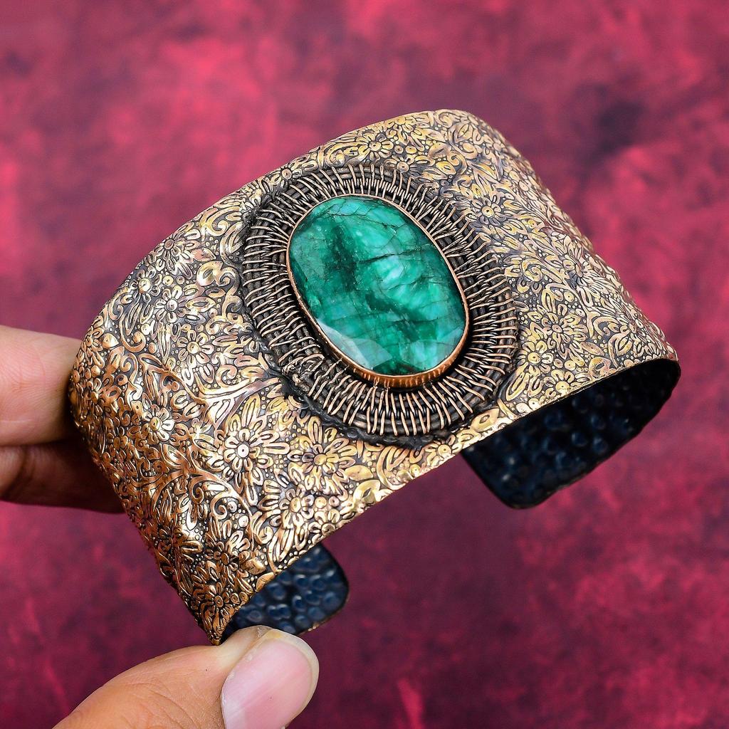 Fasetovaný zambijský smaragdový náramek manžeta měděným drátem ovíjený náramek ručně vyrobený nastavitelný náramek manžeta drahokam měděné šperky dárky pro matku