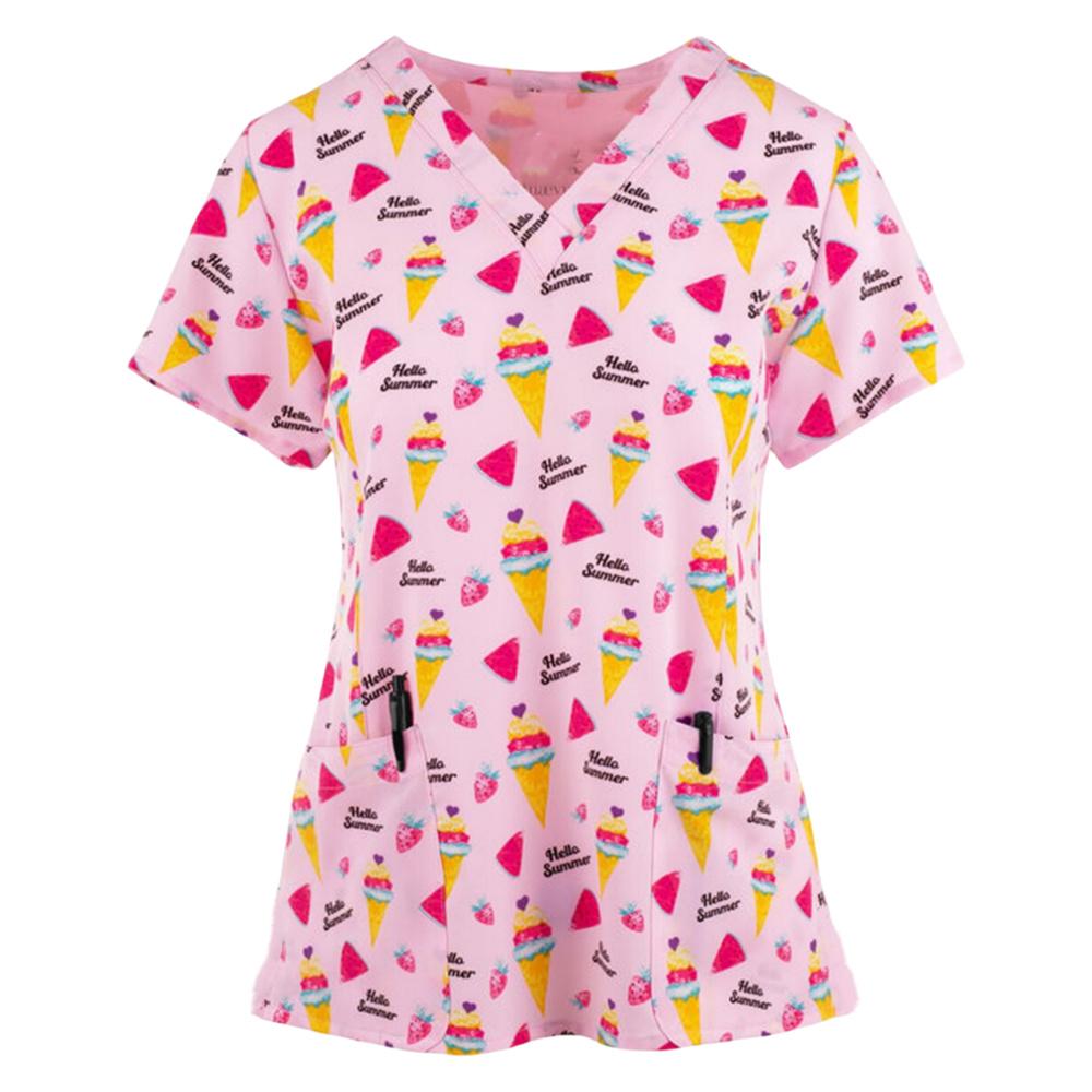 Uniforms Women Medical Elegant Heart Print Obstetrics Medico Top Fashion V-Neck Short Sleeve with Pocket Clinical Uniforms Woman