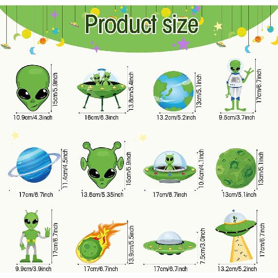 Capoda 54 Pcs Alien Decorations Hanging Swirls No DIY UFO Theme Party Ceiling Decorations Green Alien Outer Space Saucer Man Hanging Swirls for Boys