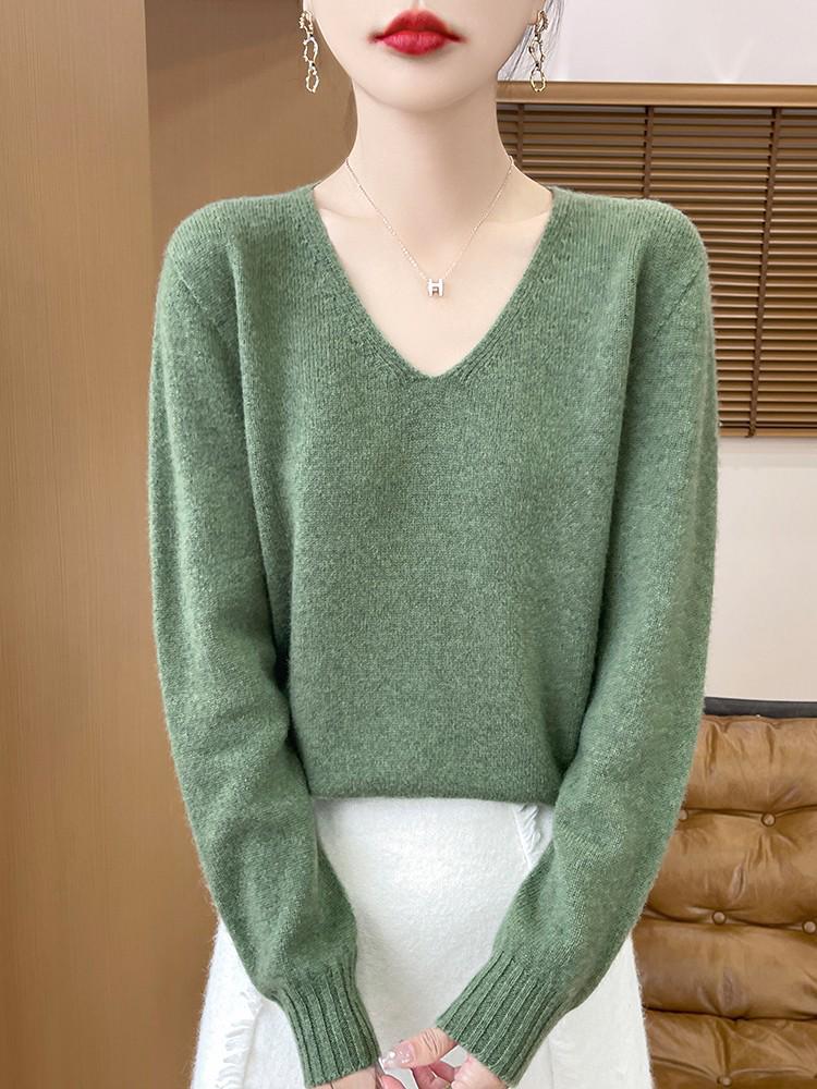 Women's V-Neck Wool Cashmere Sweater: Autumn/Winter Fashionable Long Sleeve Knit Pullover.