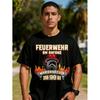 Black T Shirt Fire Department Helmet And Flames Graphic with German Text for Winter Outdoor Activities