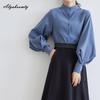 Korean Fashion Spring Autumn Women Blouse Stand Collar White Black Blue Khaki Loose Casual Shirt Lantern Sleeve Stylish Elegant Blouse