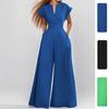 Women's V Neck Short Sleeve Jumpsuit Loose Fit Mid Waist Elegant Solid Wide Leg Long Jumpsuit