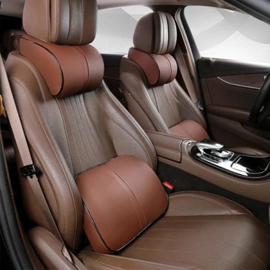 Adjustable Car Headrest Pillow Set Leather Auto Neck Protection Rest Pillows Seat Waist Supports Lumbar Cushion Memory Cotton
