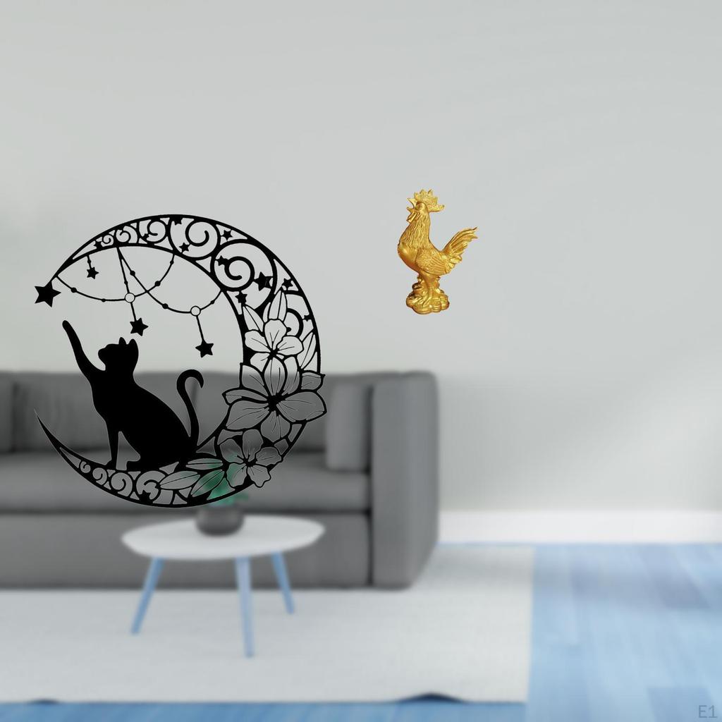 Moonlit Cat And Metal Wall Art Sculpture for Home Decor Unique Lover Feng Shui Chicken