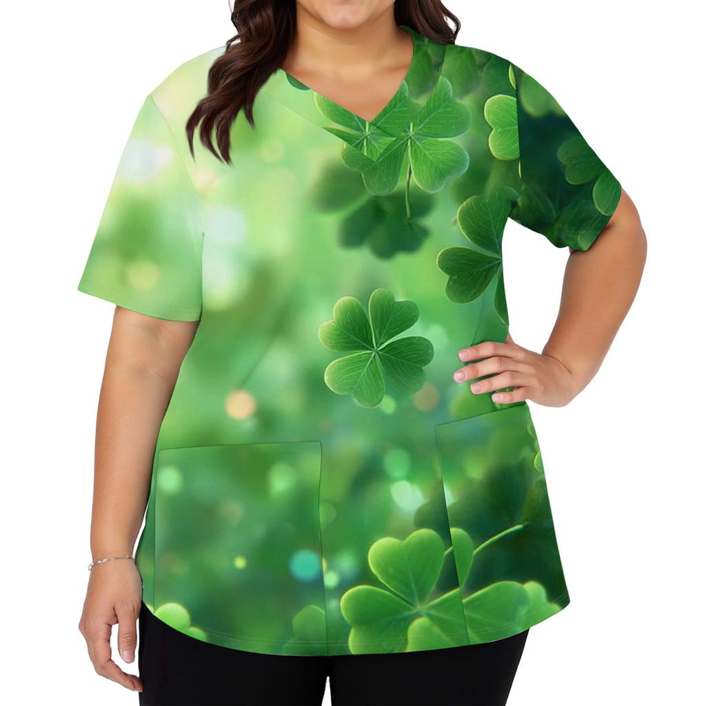 Women's Fashion V-neck Short Sleeve Workwear With Pockets Printed Tops