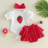 Baby Girls Shorts Set Short Sleeve Embroidery Strawberry Romper Elastic Waist Shorts with Hairband Summer Outfit
