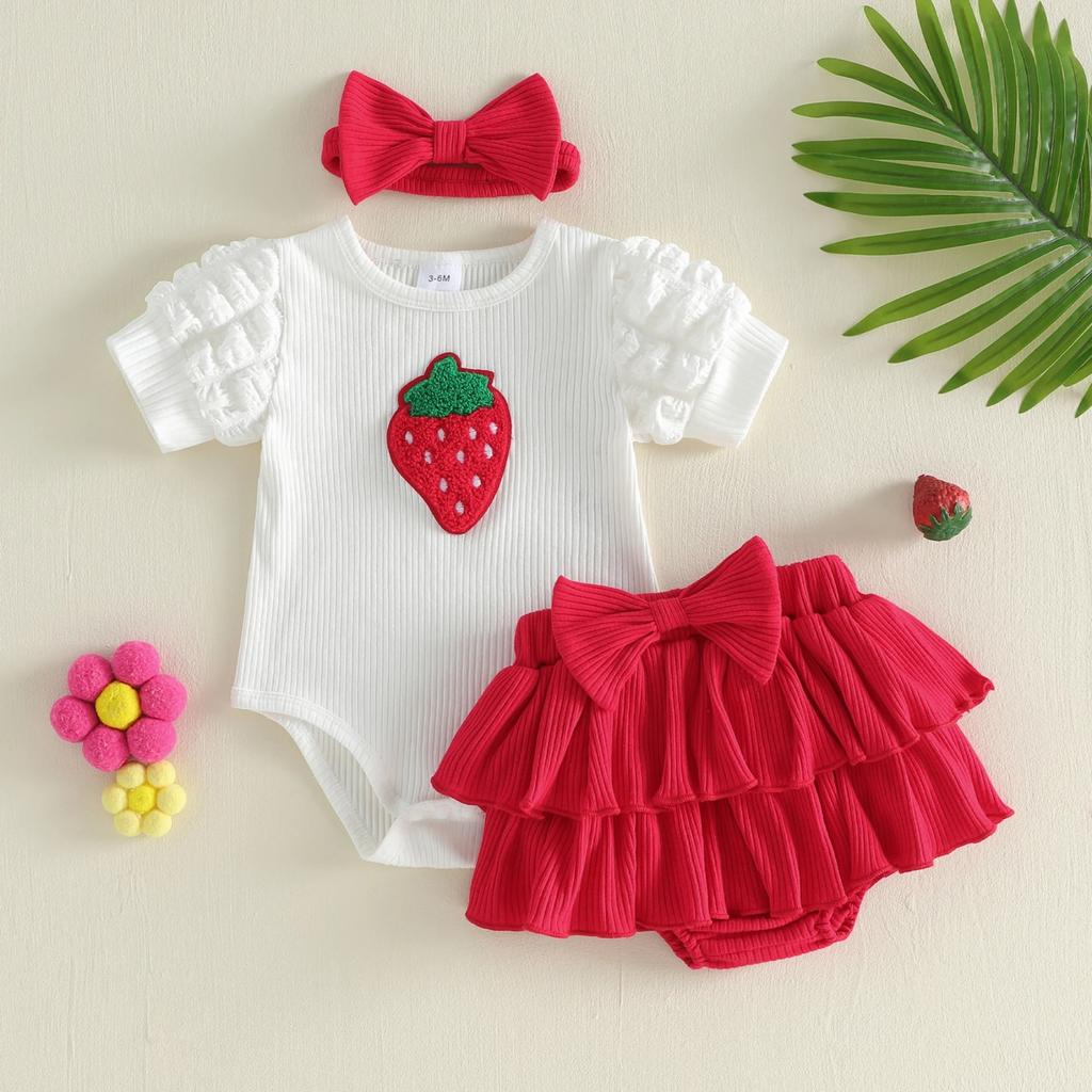 Baby Girls Shorts Set Short Sleeve Embroidery Strawberry Romper Elastic Waist Shorts with Hairband Summer Outfit