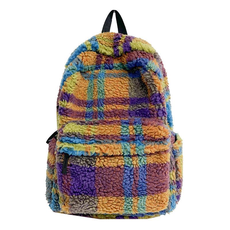 New Korean Style Plush Color Block Grid Contrast Shoulder Bag Large Capacity Student Backpack Travel Men And Women Bag