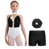 Girls Gymnastics Dance Outfit Sleeveless Keyhole Back Rhinestones Leotard V Waistband Shorts Hair Tie